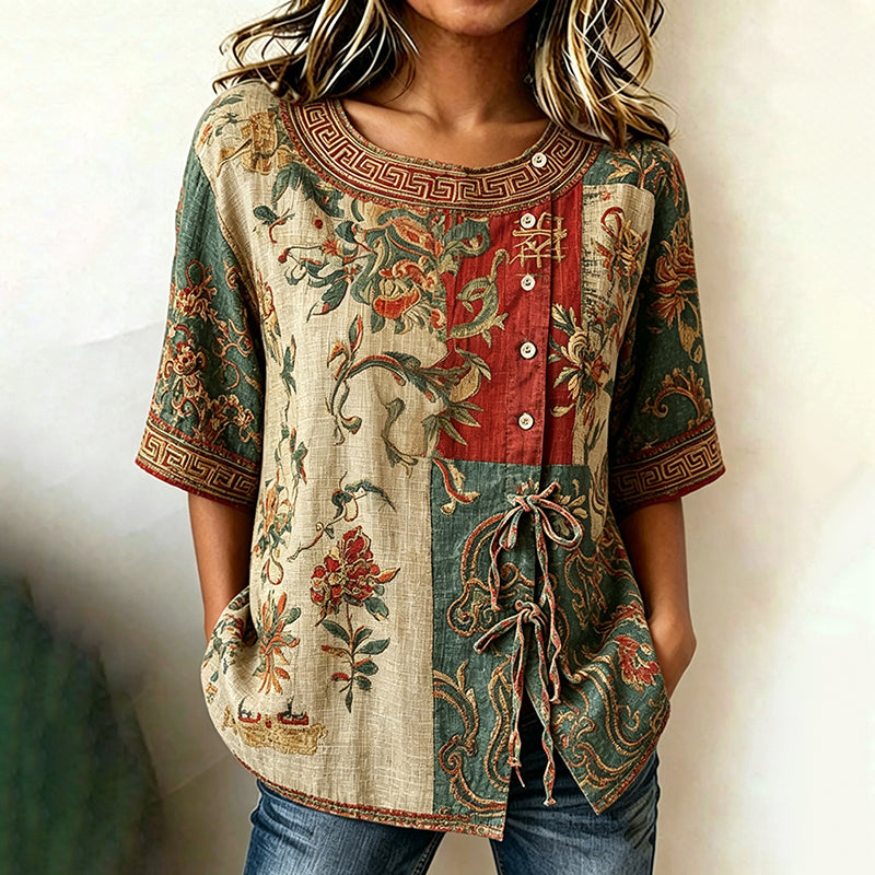 Women's Vintage Floral Pattern Tie-front Shirt