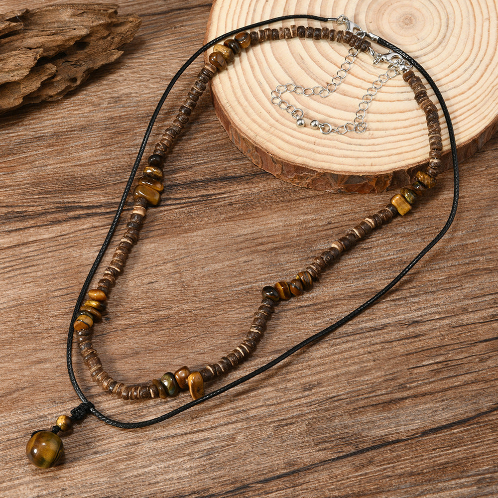 Vintage Pendant Necklace, Natural Tiger Eye Stone Coconut Shell, Versatile Design Necklace