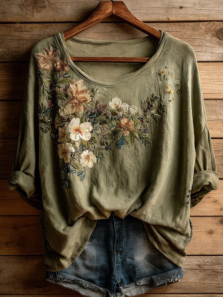 Women's Vintage Floral Print Casual Long Sleeve T-shirt
