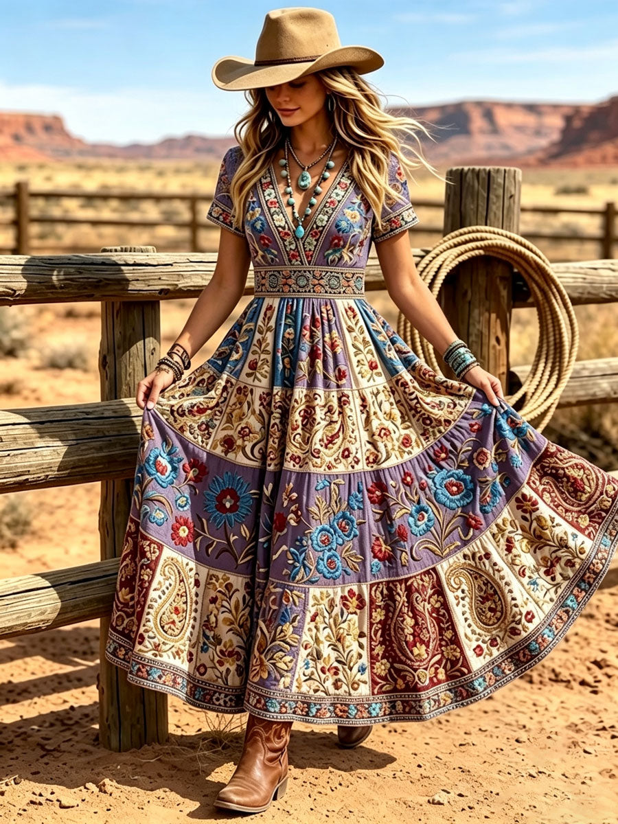 Women's Western Vintage Linen-Blend Maxi Dress
