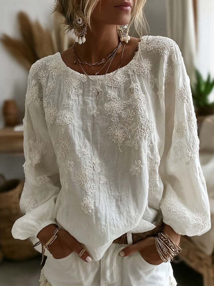 Vintage Floral Art Embroidered Casual Crew Neck Linen Tops