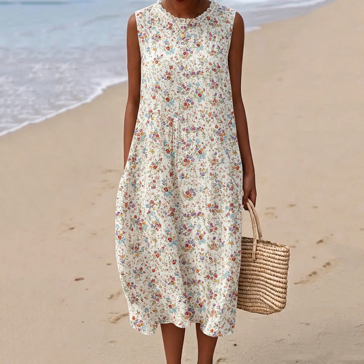 Women's Vintage Floral Casual Sleeveless Linen Dress