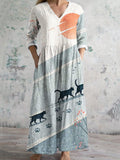Japanese Art Cat Print Women's Linen Maxi Dress