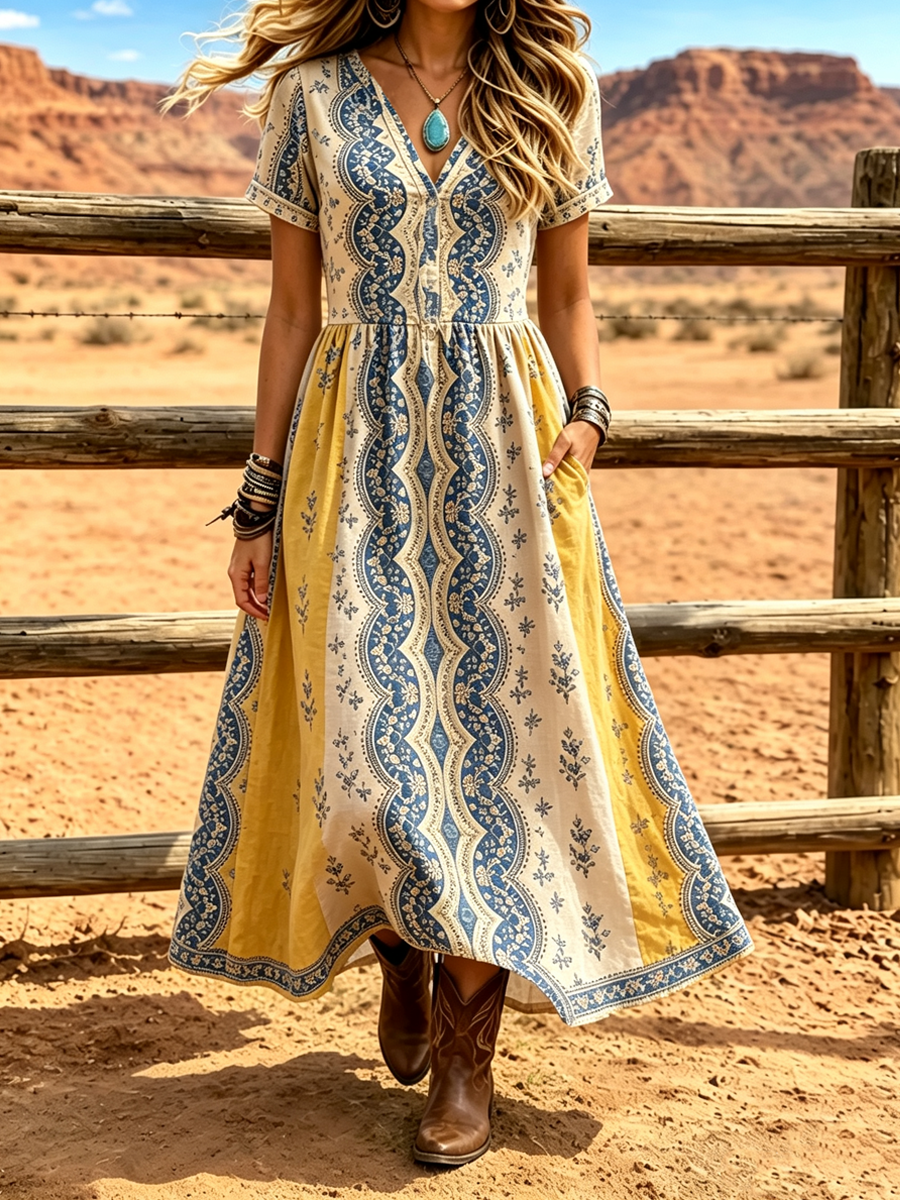 Women's Western Vintage Linen-Blend Maxi Dress