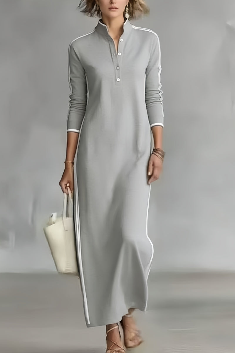 Women's Minimalist White-trimmed Button-down Collar Sweatshirt Dress Maxi Dress