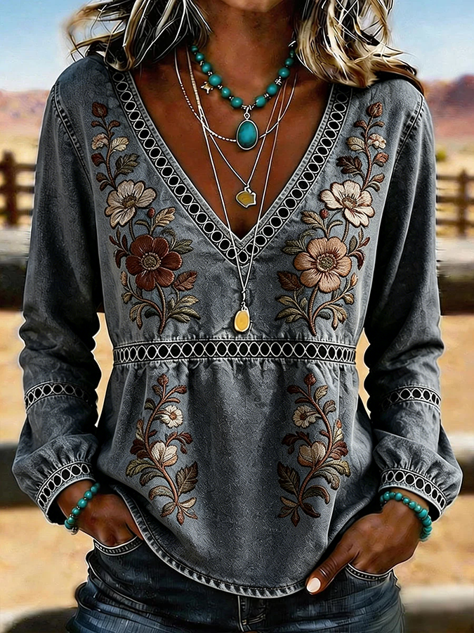 Women's Western Vintage Floral Print Casual V-Neck T-Shirt