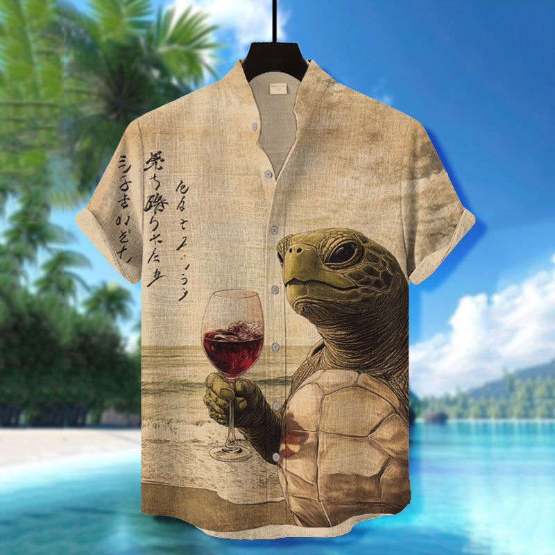 Men's Fun Turtle Print Red Wine Print Short Sleeve Shirt