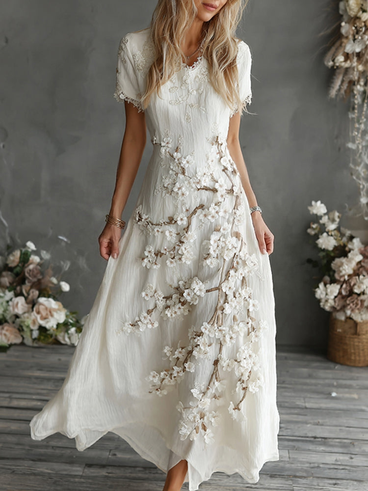 Women's Beautifully Embroidered Floral Print Short Sleeve Maxi Dress
