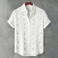 Vintage White Cherry Blossom Art And Lace Texture Cotton Linen Lapel Short Sleeve Shirt