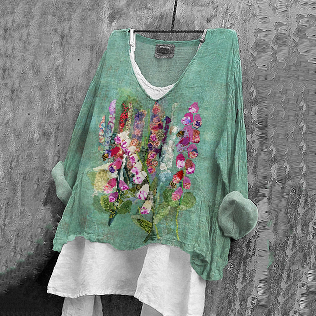 Vintage Floral Art Linen Blend Blouse