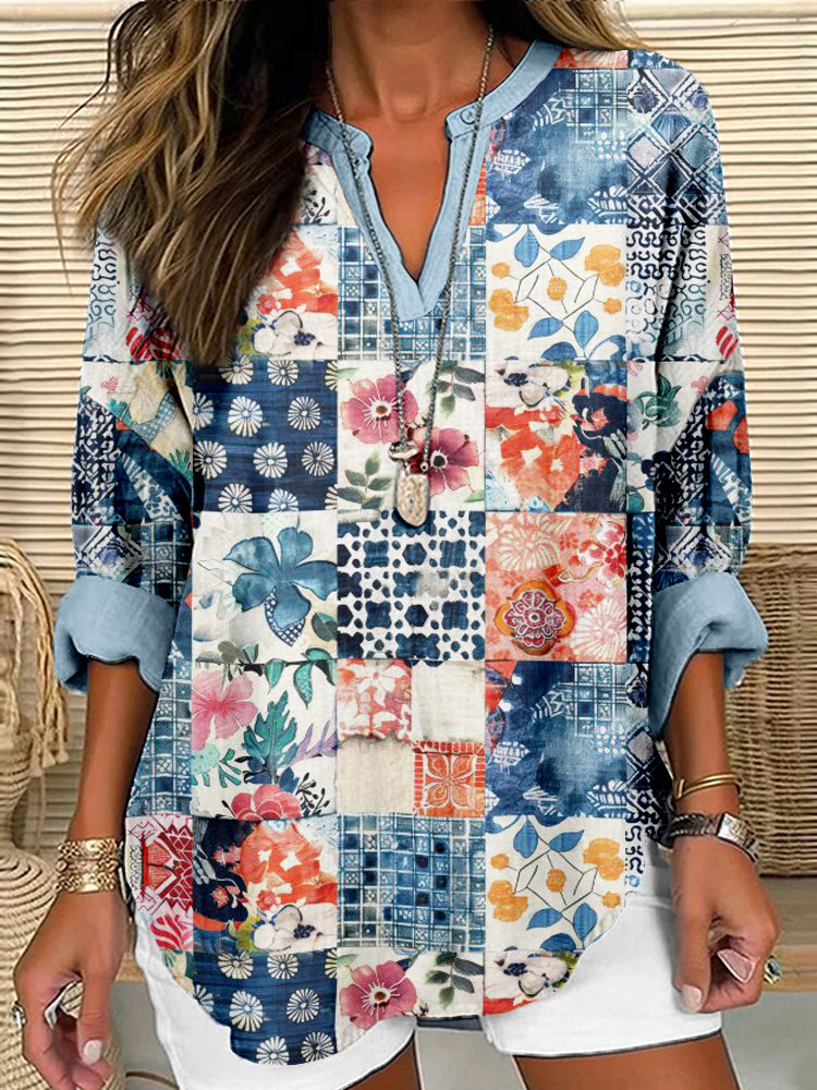 Japanese Sashiko Boho Style Quilt Pattern Linen Tunic