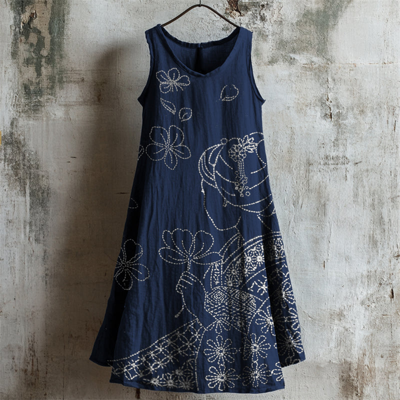 Japanese Women & Falling Cherry Blossom Sashiko Linen Dress