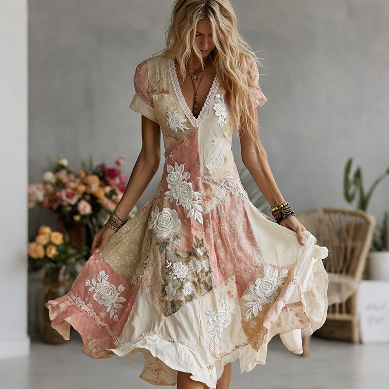 Women's Vintage Bohemian Rose Patchwork Short-sleeve V-neck Dress