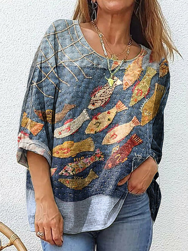 Fish Art Print Cotton And Linen Women's Casual Shirt