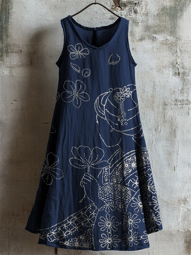 Japanese Women & Falling Cherry Blossom Sashiko Linen Dress