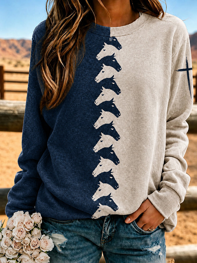 Women'S Western Style Cross Print Round Neck Sweatshirt
