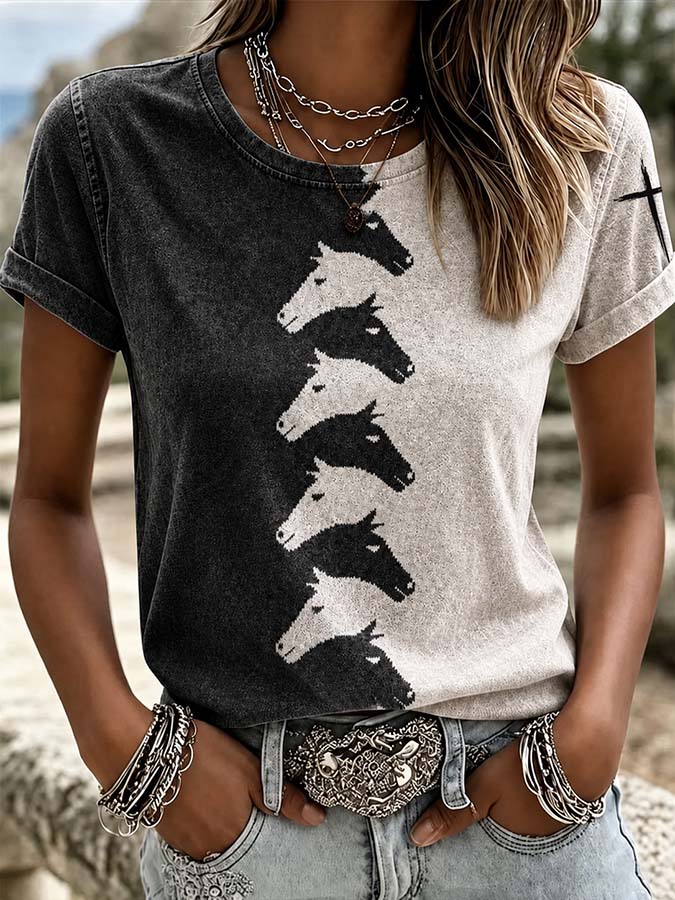 Women'S Western Style Animal Cross Round Neck T-Shirt