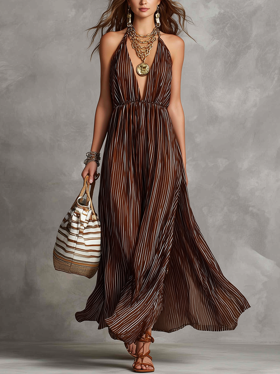 Chocolate Colored Resort Style Striped Maxi Dress