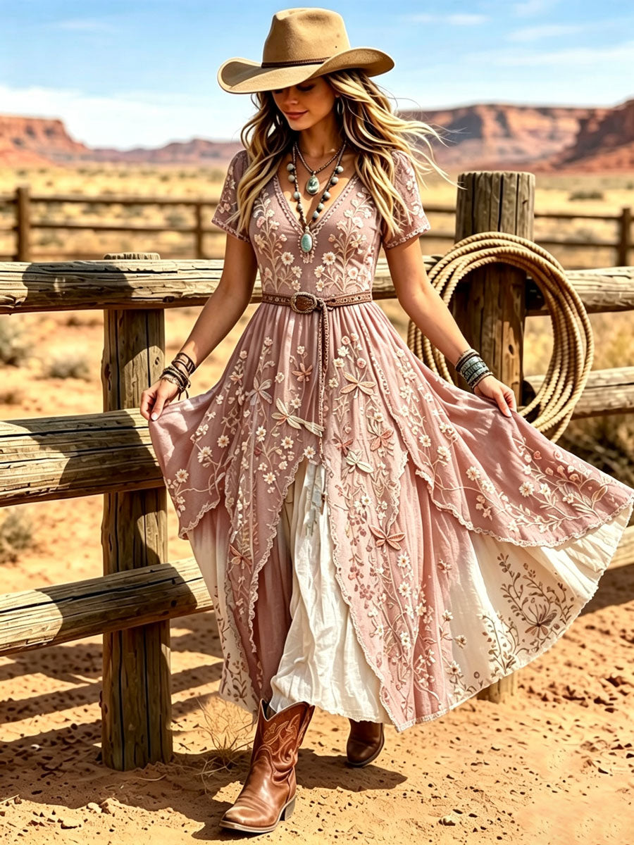 Women's Western Vintage Linen-Blend Maxi Dress