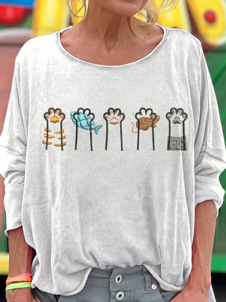 Women's Retro Colorful Cat Paw Art Long Sleeve T-shirt