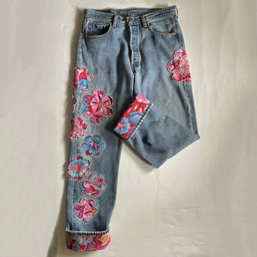 Vintage Japanese Sakura Applique Embroidery Art Design Jeans