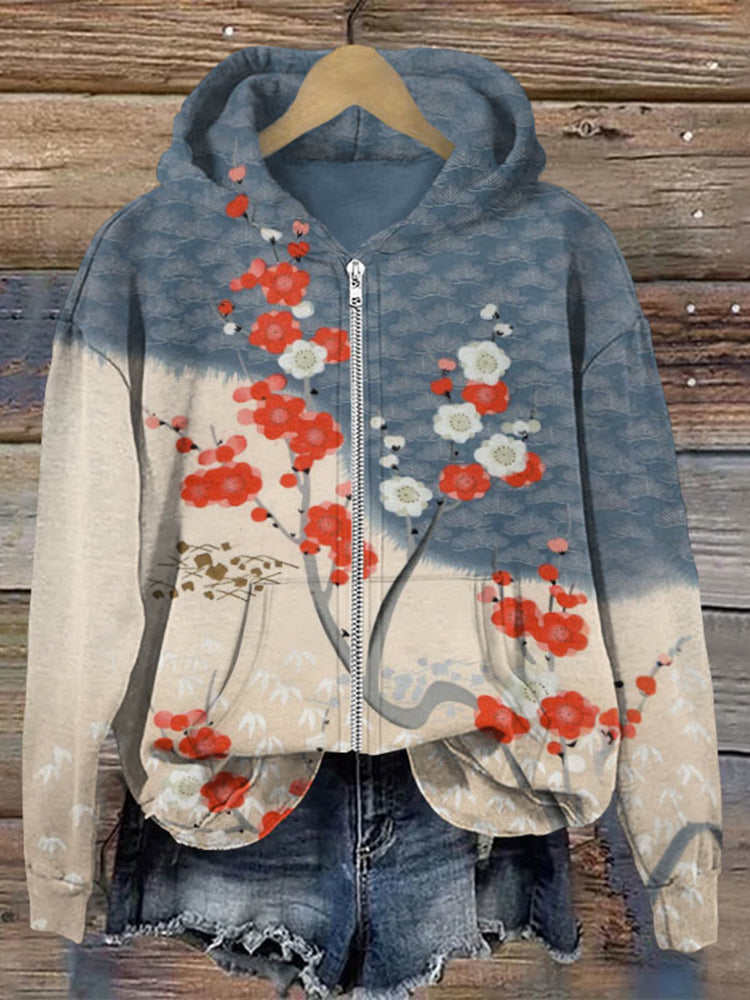 Japanese Art Sakura Print Zip Hoodie