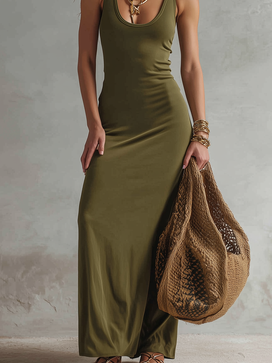 Olive Green Slim Fit Vest Style Minimalist Bohemian Long Dress