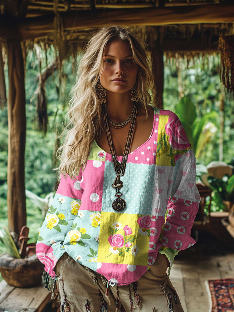 Women's Vintage Bohemian Patch Cotton And Linen Shirt