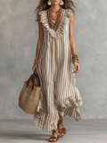 Relaxed Bohemian Ruffle-Trim Striped Maxi Dress