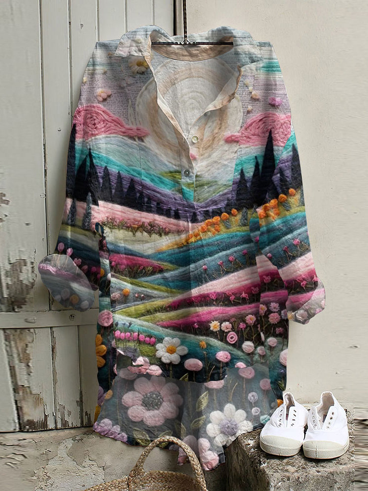 Casual Dreamy Pink Village Art Printed Long Sleeve Tunic