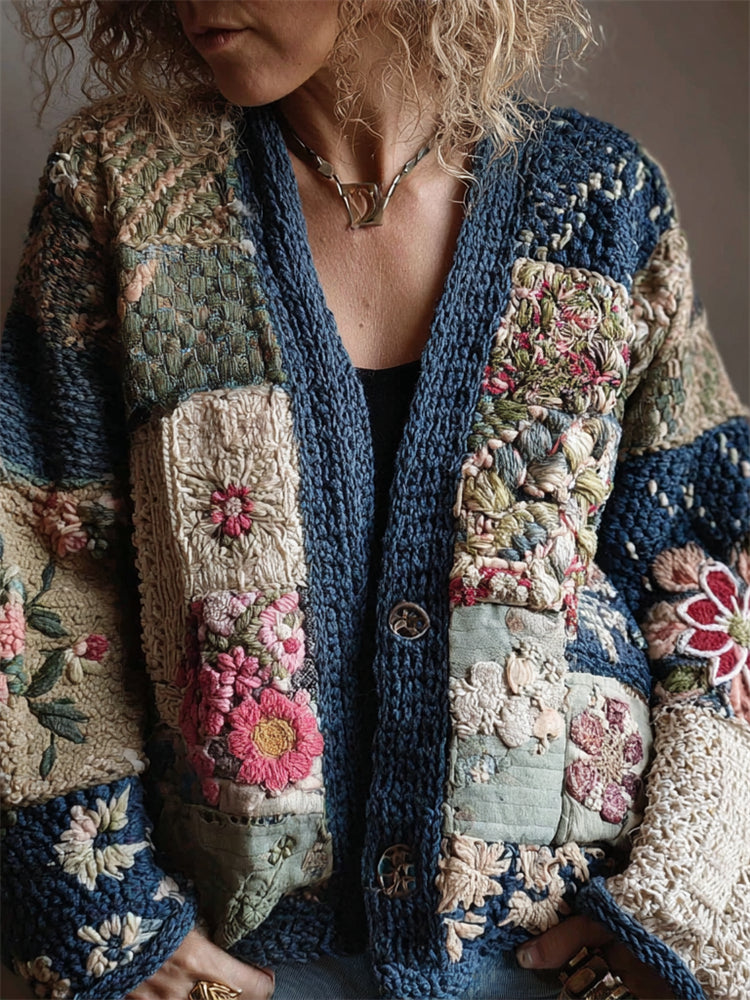 Japanese Floral Sashiko Art Embroidered Patchwork Cozy Knit Cardigan