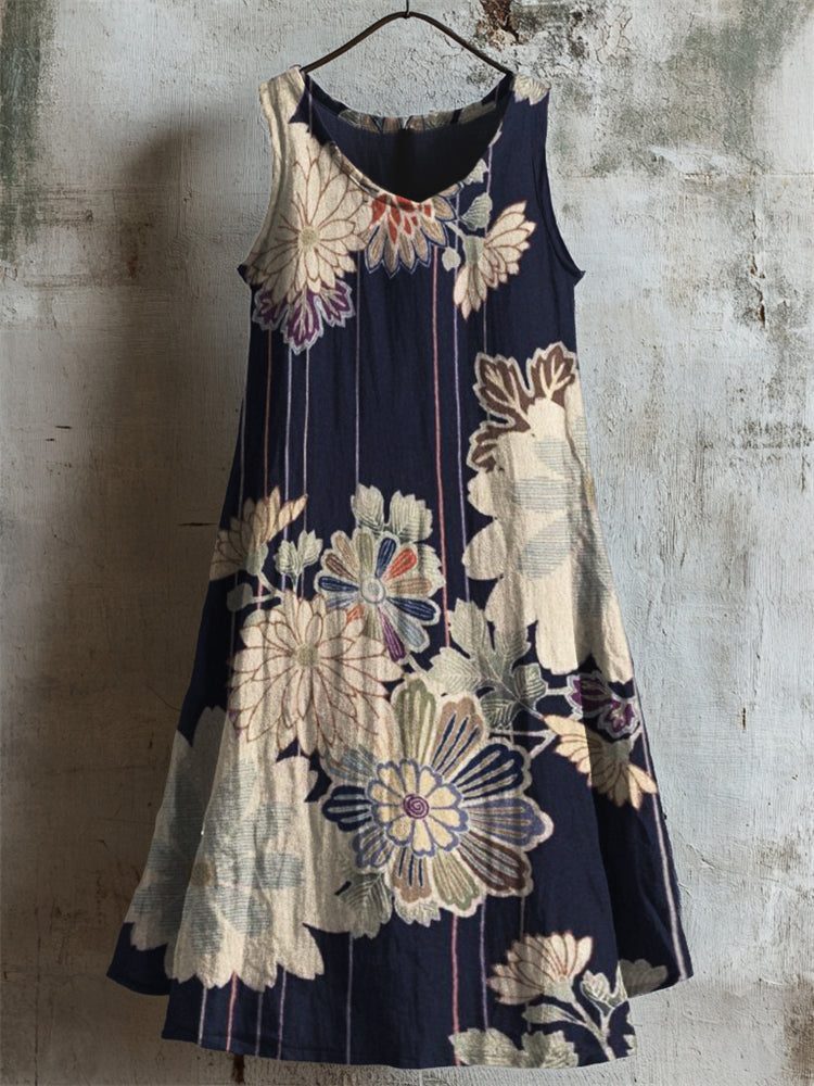 Traditional Japanese Floral Pattern Linen Tank Dress