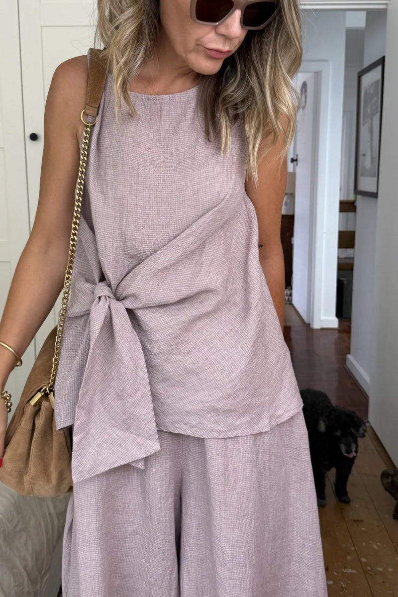 Coco Front Tie Up Linen Top in Houndstooth
