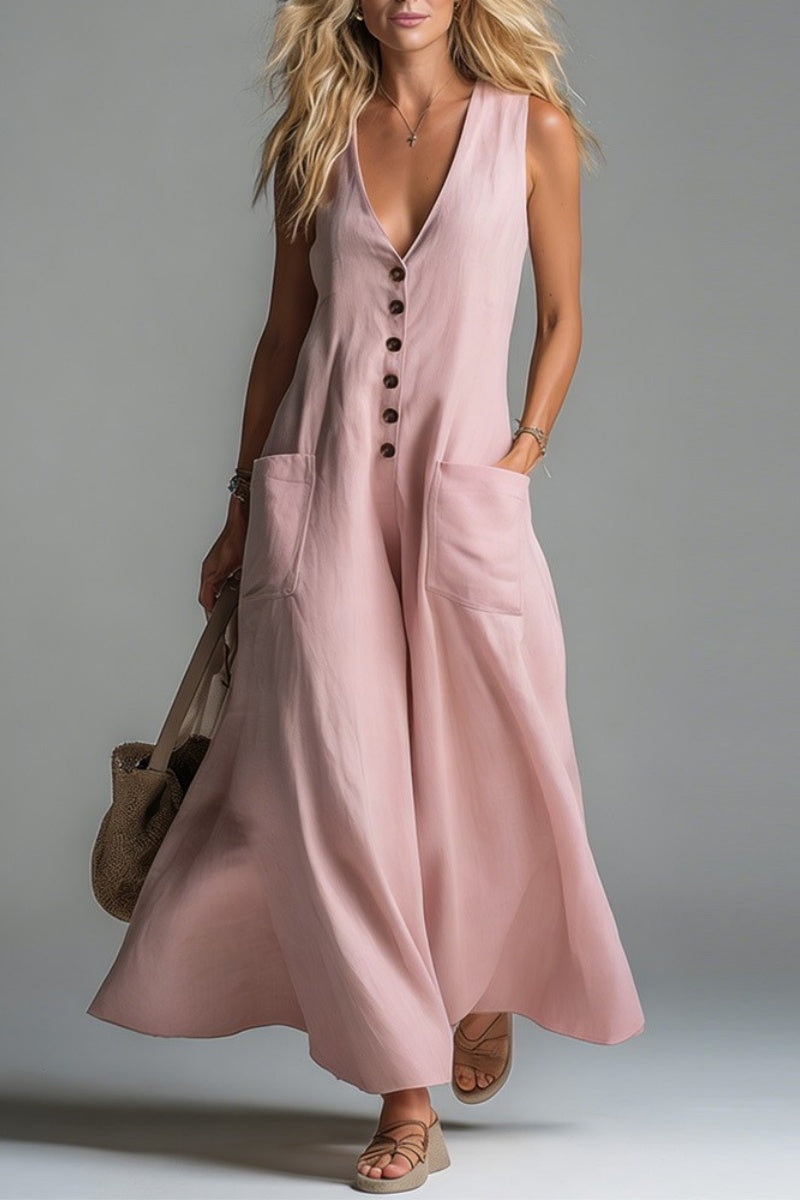 Pocket V-neck Solid Color Casual Dress