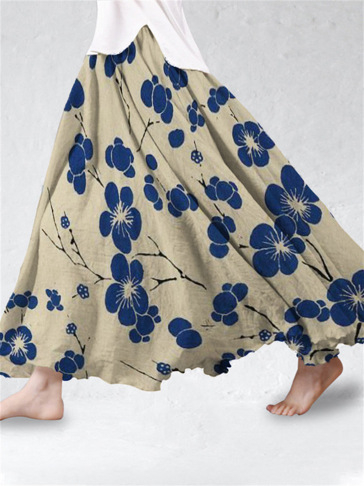 Cherry Blossom Japanese Art Linen Blend Flowy Wide Skirt