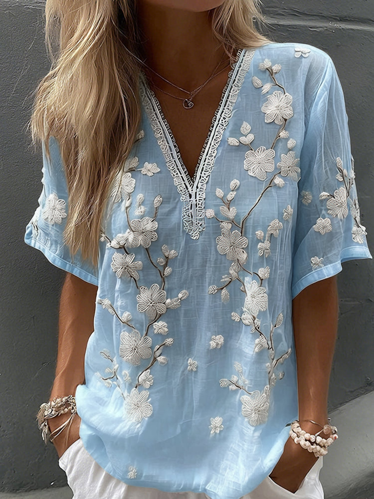 Women's Vintage Floral Print V Neck Linen Blend Short Sleeve T-shirt
