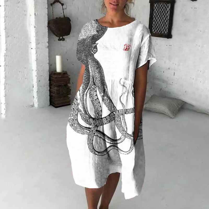 Japanese Art Octopus Print Crew Neck Loose Midi Dress
