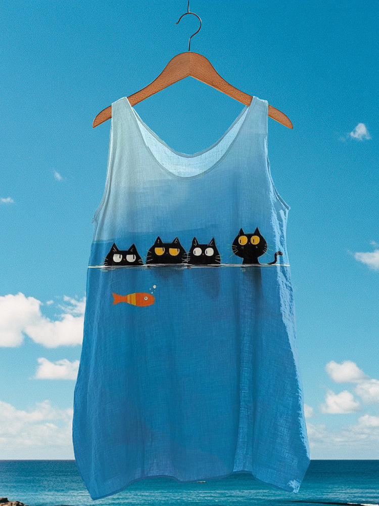 Women's Retro Funny Cat And Fish Art Pattern V-neck Vest