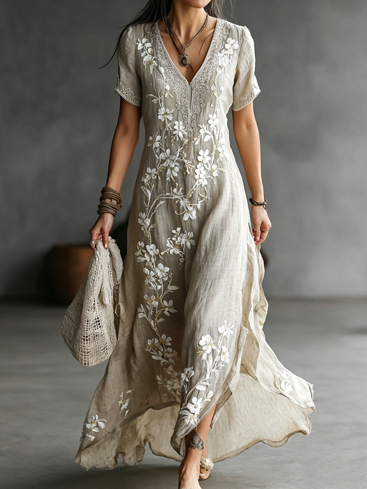 Vintage Japanese Plum Blossom Art Lace Embroidered V Neck Linen Maxi Dress