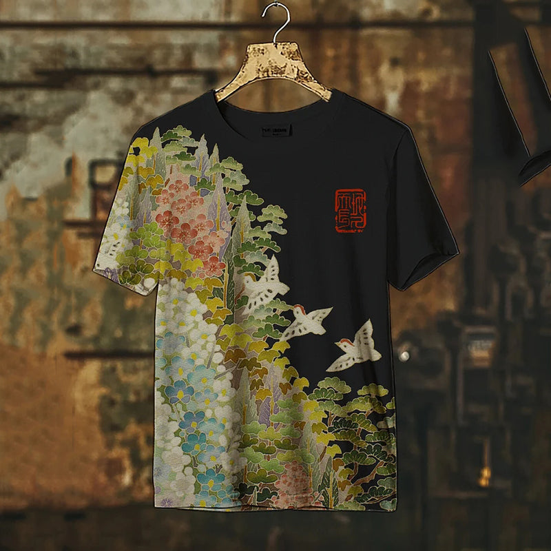 Japanese Art Flower Print Crew Neck Short Sleeve T-shirt