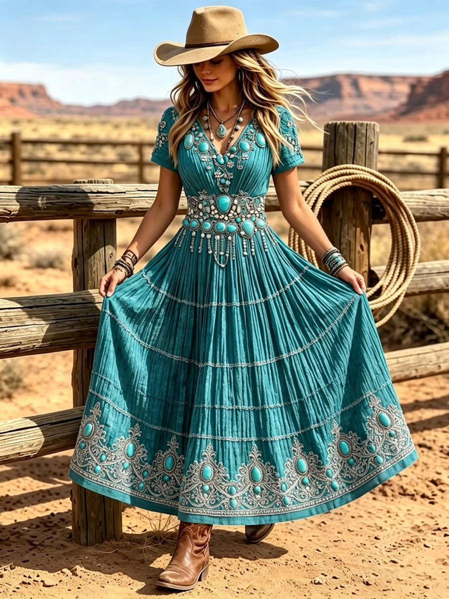 Women's Western Vintage Linen-Blend Maxi Dress