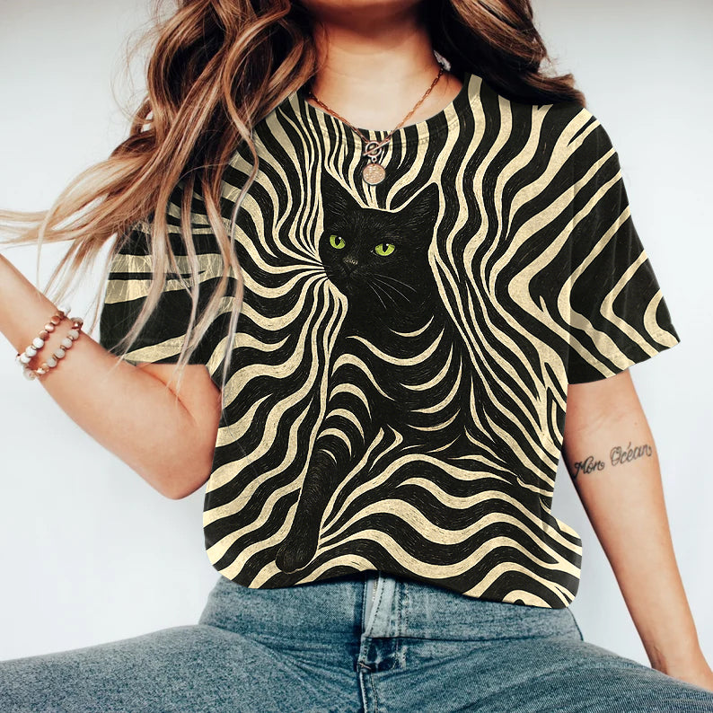 Abstract Creative Striped Cat With Green Eyes Painting Art Print  T-shirt