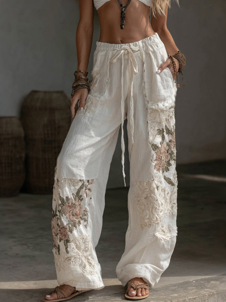 Japanese Floral Patchwork Art Embroidered Casual Linen Pants