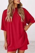 Women 2 Piece Outfits Crew Neck Oversized Tshirts and Biker Shorts with Pocket Matching Lounge Sets