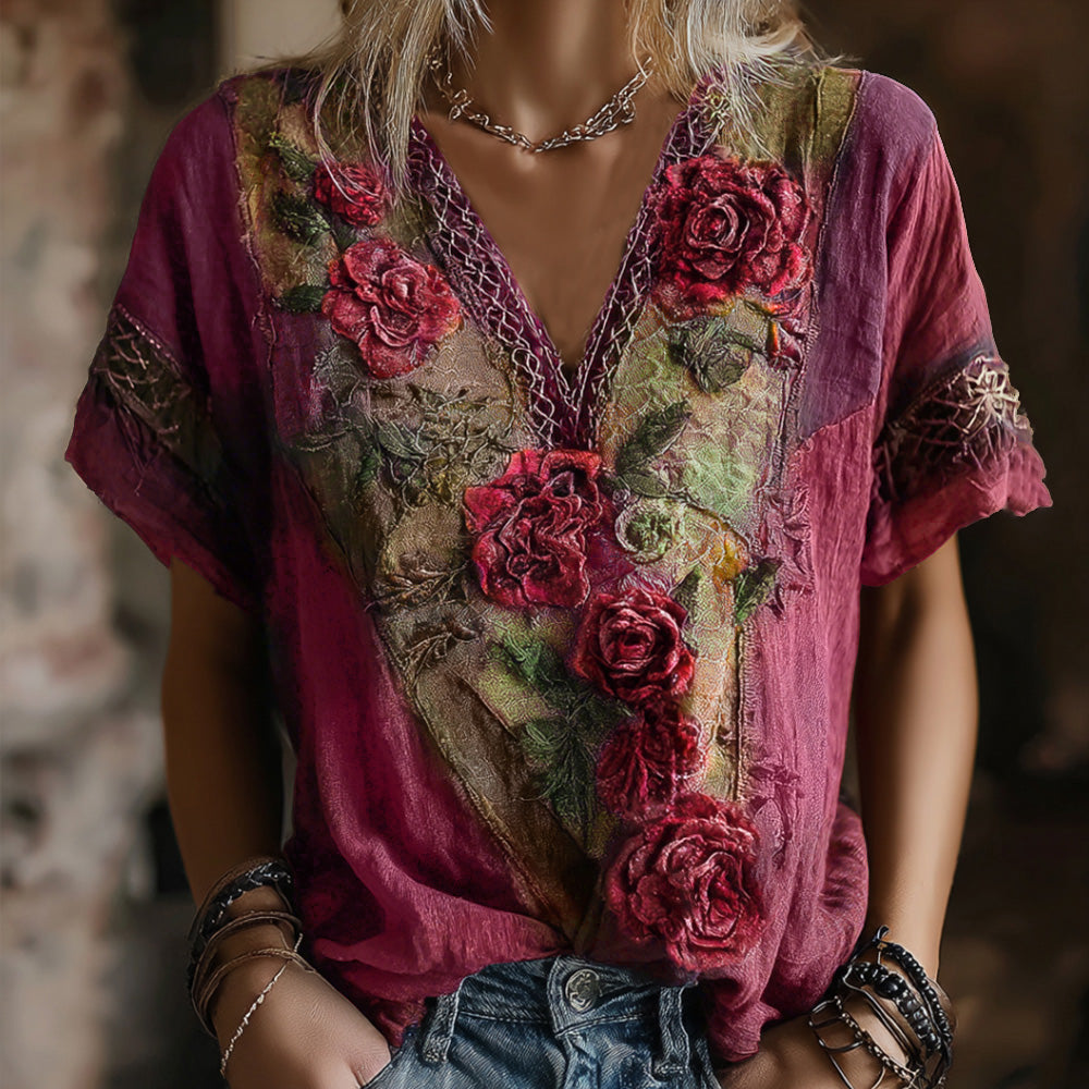 Vintage Faded Rose Woven Embroidered Purple Spliced Cotton-linen V-neck Short Sleeve