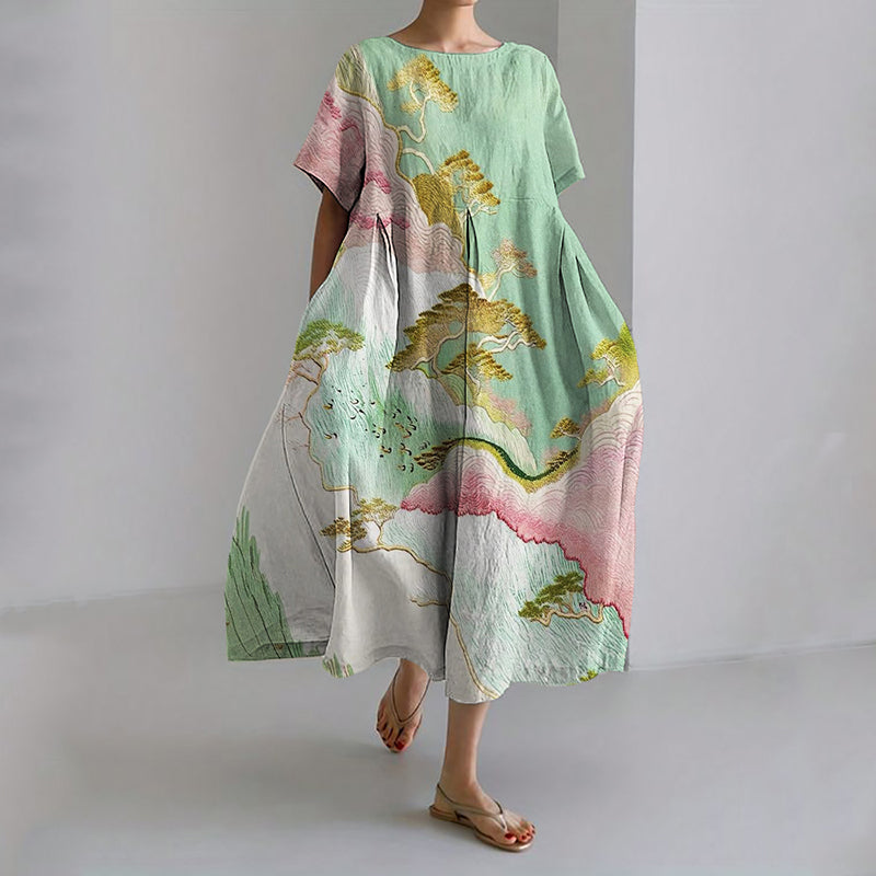 Spring Landscape Japanese Art Linen Maxi Dress