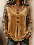 Women's Casual V-Neck Sequin Long-Sleeve Button-Front Top