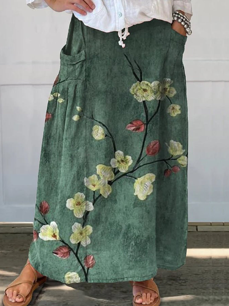 Japanese Art Cherry Blossom Print Loose Skirt