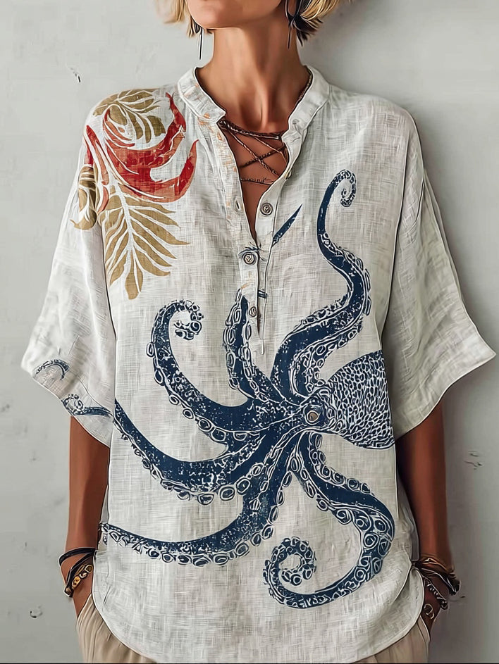 Women's Japanese Art Ocean Octopus Floral Linen Shirt