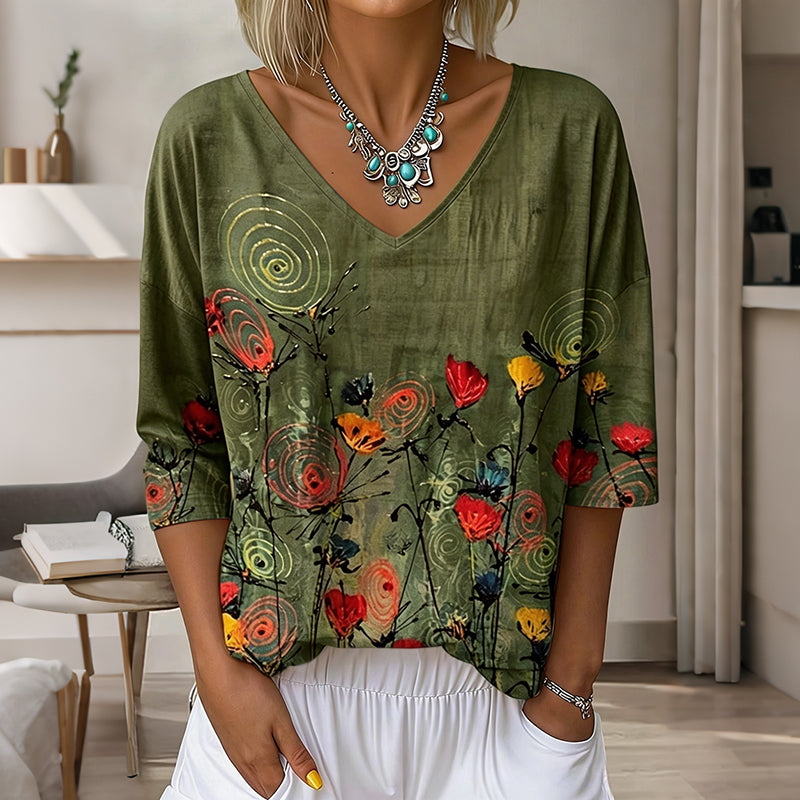 Women's Vintage Floral Pattern Art Print Flowy Linen Blend  Three-quarter Sleeve V Neck Linen Tops